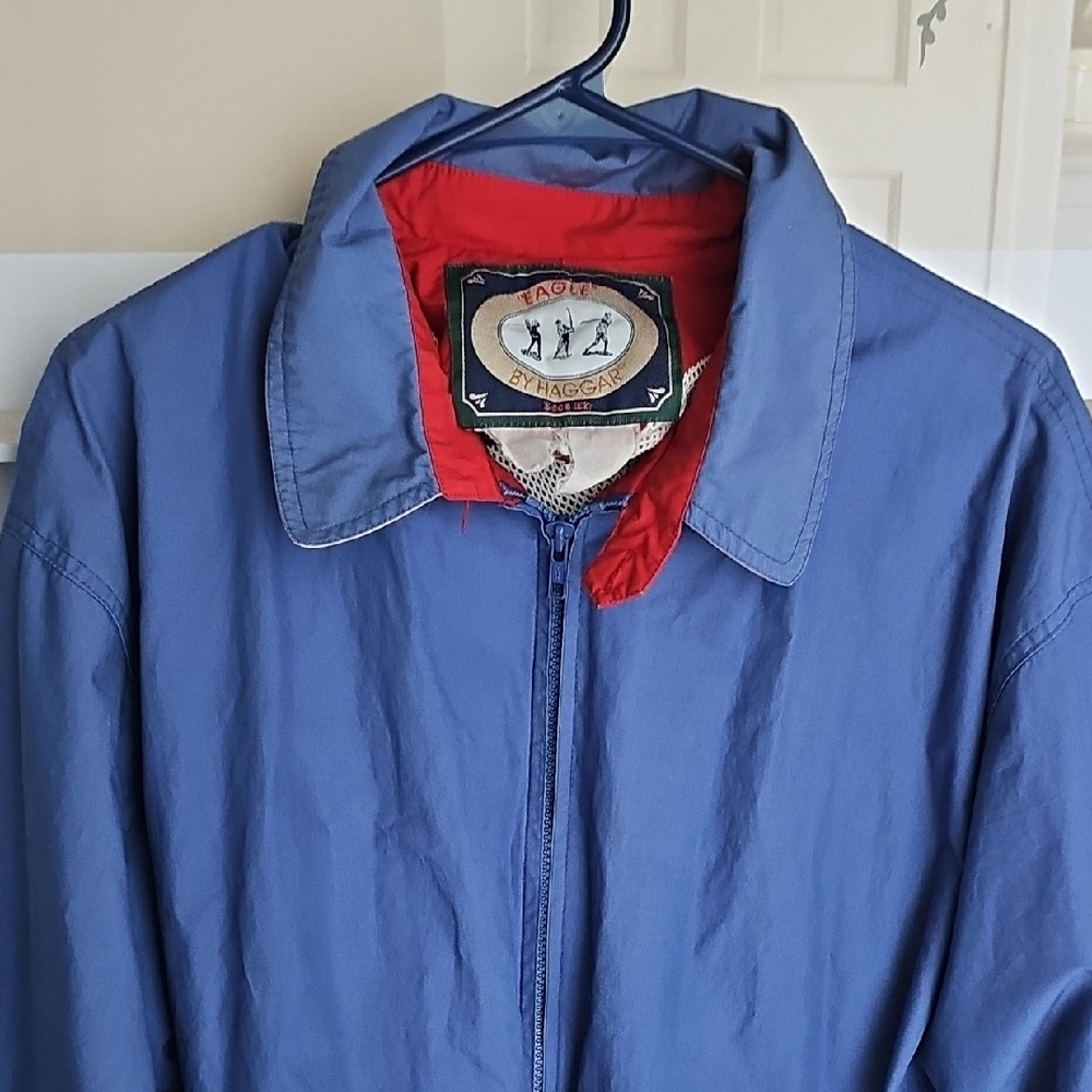 Vintage Haggar Blue Windbreaker Red Lining Jacket Medium Men